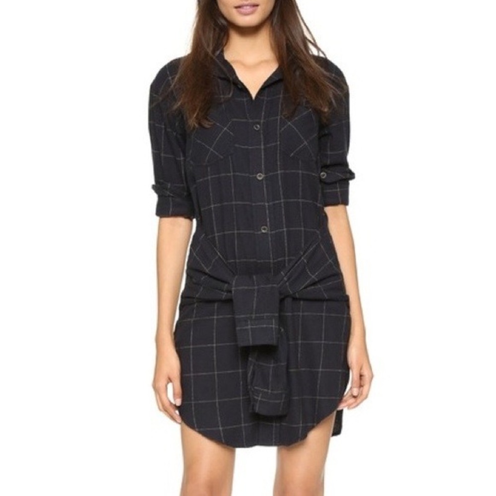 Current/Elliott Navy Windowpane‎ Plaid Waist Tie Shirt Dress Cotton 1